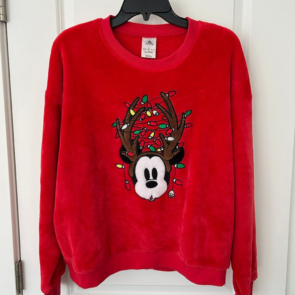 Disney Red Mickey Mouse Reindeer Holiday Crewneck Sweater